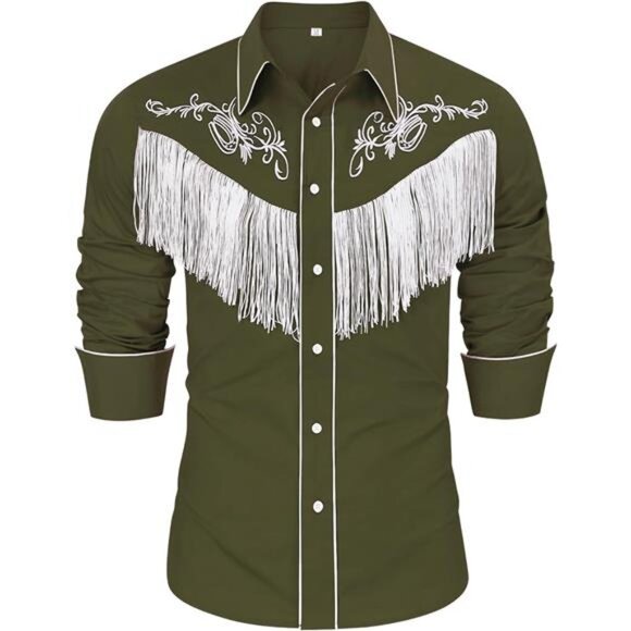 Men's Cowboy Costume Western Long Sleeve Army Green - Picture 1 of 6